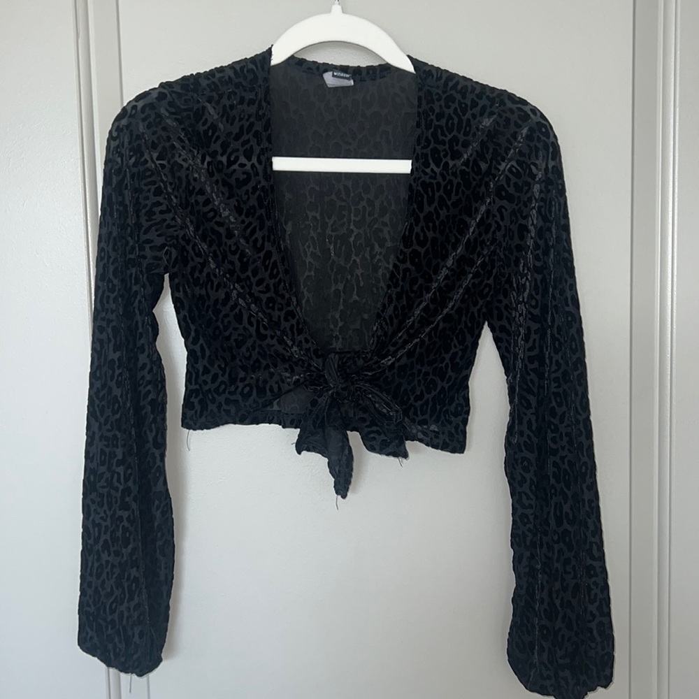Black leopard print see-through cropped blouse - Small